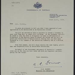 Letter - Naturalization Approval, Minister For Immigration To Johanna Perdon, Thomastown, 22 Apr 1959