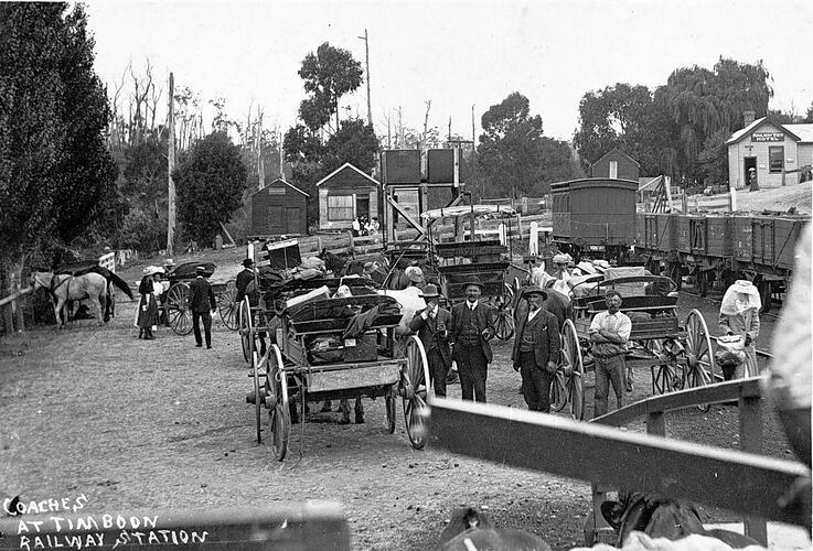 Horsedrawn vehicles and rail trucks, Timboon Station, 1911.