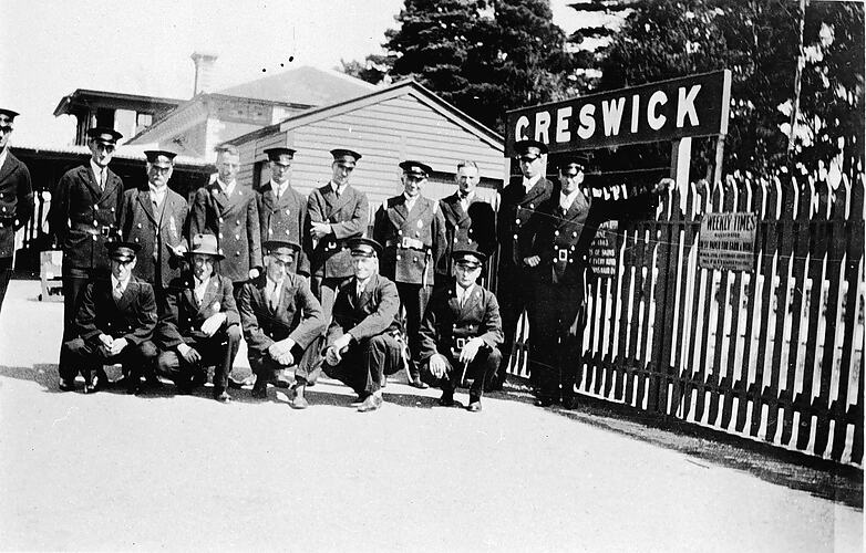 Staff at Creswick Railway Station, circa 1930.