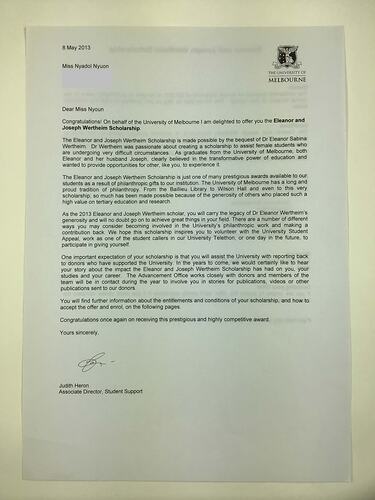 HT 57642, Letter - Nyadol Nyuon, University of Melbourne, Eleanor and Joseph Wertheim Scholarship, 8 May, 2013 [Redacted]