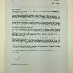 Letter - Nyadol Nyuon, University of Melbourne, Eleanor and Joseph Wertheim Scholarship, 8 May, 2013