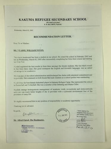 Letter - Nyadol William Nyuon, Kakuma Refugee Secondary School, 14 Jan 2013