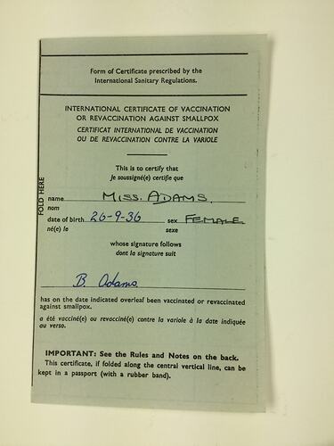 HT 54678, Vaccination Certificate - Smallpox, Issued to Beryl Adams , 8 Mar 1959 (MIGRATION), Document, Registered