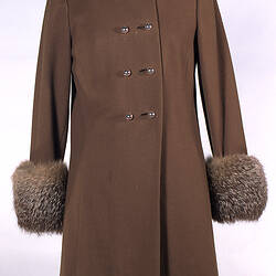 Coat - Prue Acton, Mini, Ginger Wool & Fox Fur, Altered, 1968