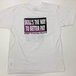 White t-shirt with purple, black and white text.