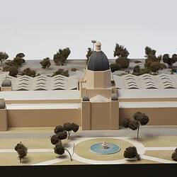 Architectural model of Royal Exhibition Building, Carlton Gardens with fountains, carpark and annexes.