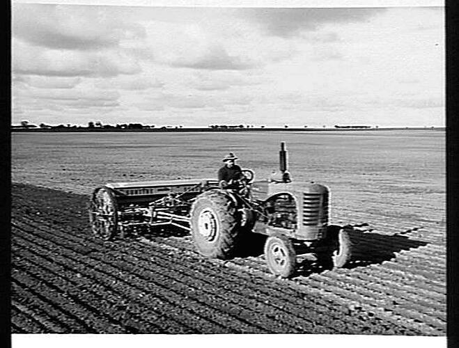 AFTER HEAVY RAIN. MR. M. MCKEW, GOOROE, VIA ST. ARNAUD, VIC. MAKES LIGHT WORK OF THE SOWING (400 ACRES) WITH HIS NEW, 500-SERIES 'SUNTYNE' AND 744 DIESEL TRACTOR: JUNE 1952