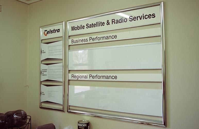 Wall-mounted business and regional performance charts. Melbourne Coastal Radio Station, Cape Schanck, Victoria