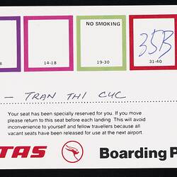 Aeroplane Boarding Pass - Issued to Tran Thi Cuc, Qantas, Kuala Lumpur, 14 Jul 1978
