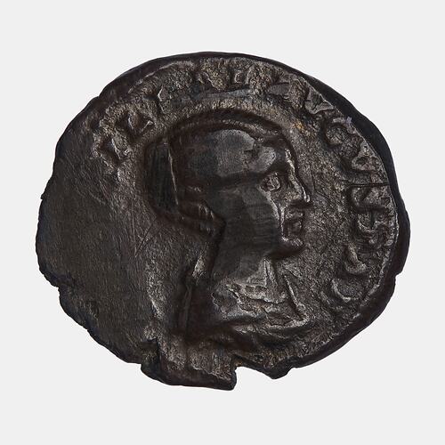 Roughly round coin. Female bust facing right. Text around.