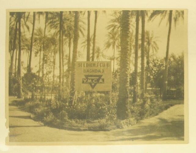 Sign saying 'Soldiers Club Baghdad YMCA' surrounded by palm trees.