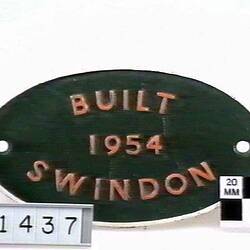 Locomotive Builders Plate - British Railways, Swindon Works, England, 1954