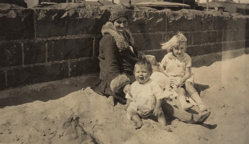 Digital Photograph - Woman & Two Children Sitting Against Sea Wall, St Kilda Beach, early 1930s