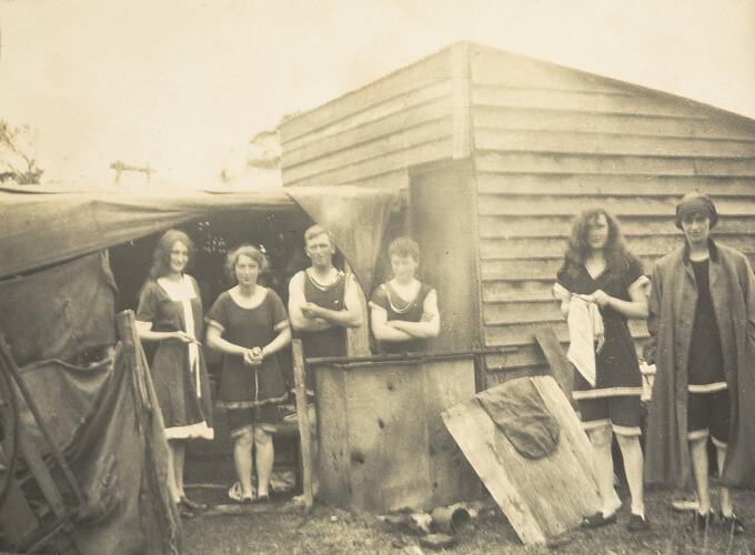 Digital Photograph - Family & Friends Standing by Shack after Swimming, Saint Margaret Island, circa 1910