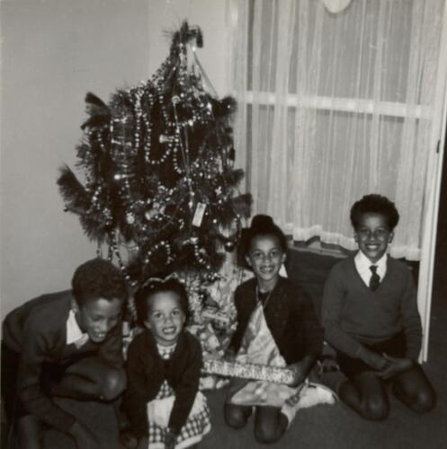 Digital Photograph - Two Girls & Two Boys in front of Christmas Tree, Lounge Room, Mulgrave, 1970