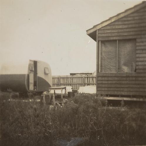 Digital Photograph - Caravan as Temporary Home, House Building Site, Parkdale, 1950