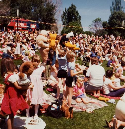 Digital Photograph - Crowds of Children, Adults & Teddy Bears at Teddy Bear's Picnic, Myer Music Bowl, Melbourne, 1980