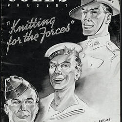 Cover of knitting book with three servicemen.
