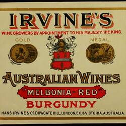 Wine Label - Great Western Winery, Burgundy, 'Melbonia-Red', 1908-1918