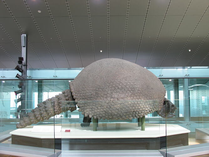 Giant armadillo on a platform.