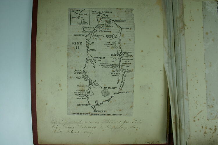 Map showing tracks & camps of The Field Naturalists'  Club of Victoria's Expedition to King Island, Bass Straits, November 1887.