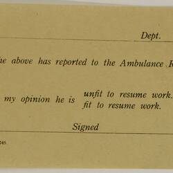 Form - H.V. McKay Massey Harris, Ambulance Room Report, 1945