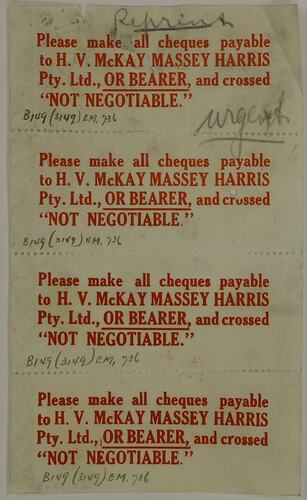 Label - H.V. McKay Massey Harris, 'Please Make All Cheques Payable...', 1936