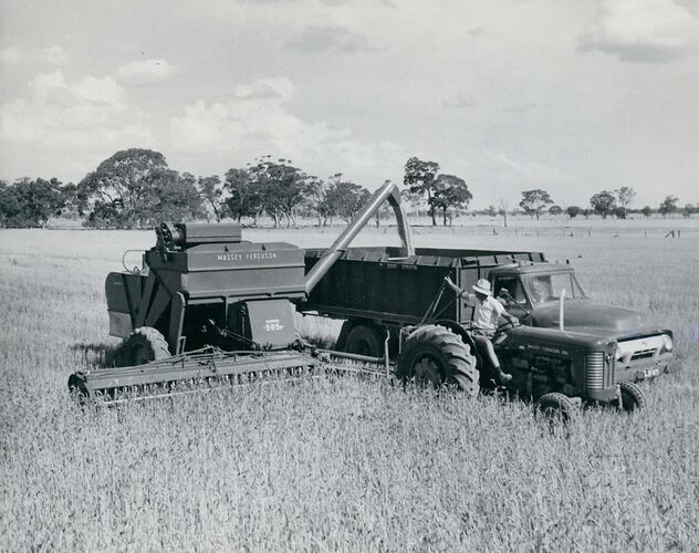 Grain storage truck and harvester in field.