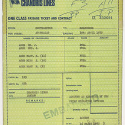 Passenger Contract Ticket - SS Australis, Chandris Lines, One Class, 1972