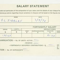 Salary Statement - Issued to Lili Sigalas, Education Department, 3 Sep 1970