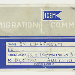 Baggage Label - ICEM, Sailing Details, 15 Mar 1957