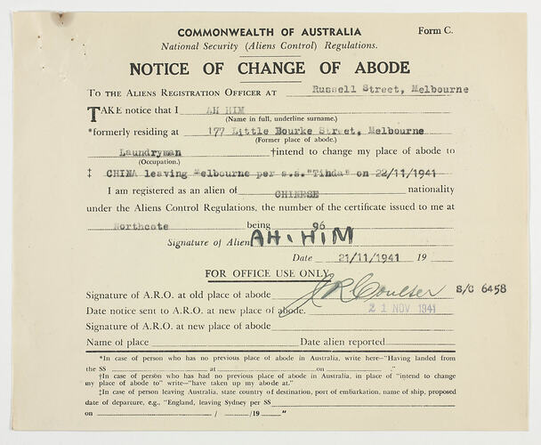 Notice - Change of Abode, Mr. Ah Him, 1941