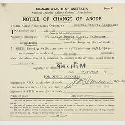 Notice - Change of Abode, Mr. Ah Him, 1941