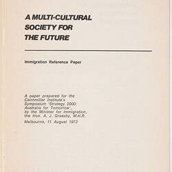 Booklet - A Multi-Cultural Society for the Future, 1973