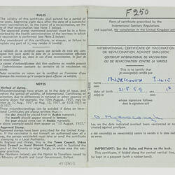 Certificate of Vaccination - Smallpox, Julie Myerscough, 1963
