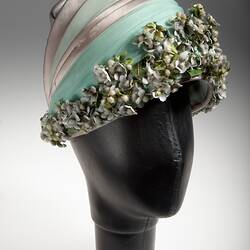 Hat - La Rene, Turban Style, Green with Floral Trim, circa 1960s