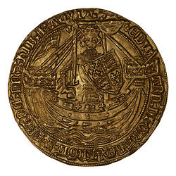 Coin, round, crowned King, standing facing on a ship holding a sword and a quartered shield. Text around.