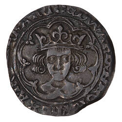 Coin, round, crowned bust of the King facing within a tressure of nine arches; text around.