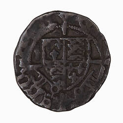 Coin, round, shield quartered with arms of England and France and dividing two keys.