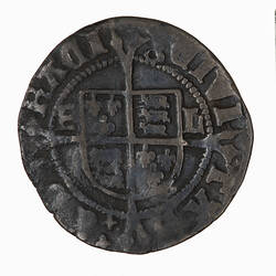 Coin, round, A shield quartered with the arms of England and France, dividing the letters EL.