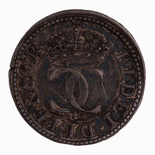 Pattern Coin, round, at centre, below crown, two interlocked Cs; below, B; text around, FIDEI DEFENSOR.