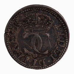 Pattern Coin, round, at centre, below crown, two interlocked Cs; below, B; text around, FIDEI DEFENSOR.