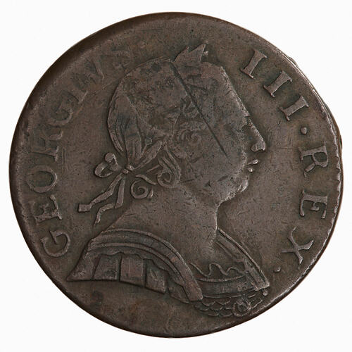 Coin - Halfpenny, George III, Great Britain, 1775 (Obverse)