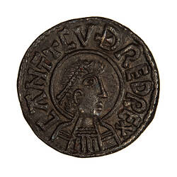 Coin, round, a diademed bust of man facing right; text around, + CVDRED REX CANT.