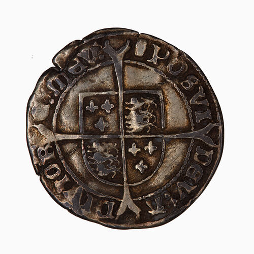 Coin, round, Royal shield, quartered with the arms of England and France on a cross fourchee; text around.