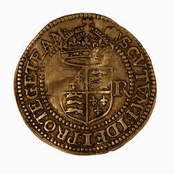 Coin, round, Within a bead circle a plain square top shield quartered with the arms of France and England.