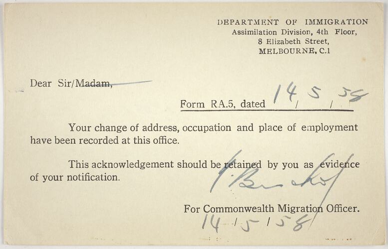 Card - Change of Address, Department of Immigration, 1958