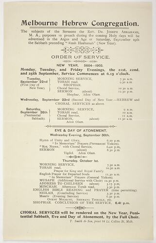 Leaflet - Order of Service, 1903, Melbourne Hebrew Congregation