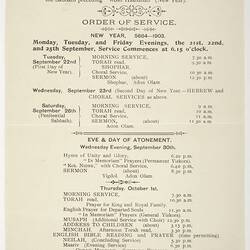 Leaflet - Order of Service, Melbourne Hebrew Congregation, 1903