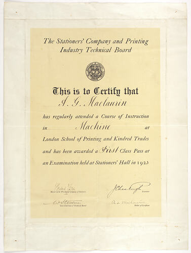 Certificate - Machine Examination, First Class Pass, The Stationers' Company and Printing Industry Technical Board